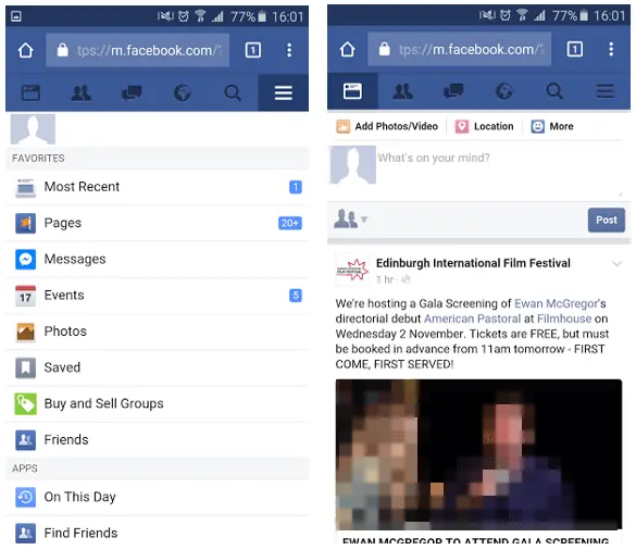 Example of off-canvas navigation, Facebook Example of off-canvas navigation, Facebook