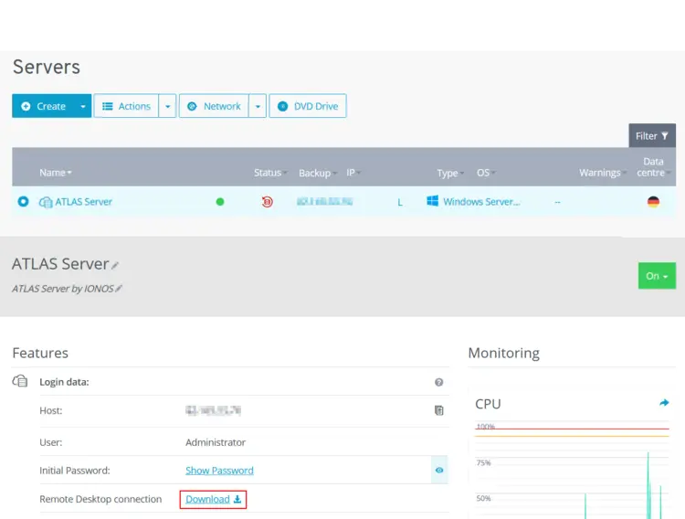 IONOS Account: Download button for remote desktop connection IONOS Account: Download button for remote desktop connection