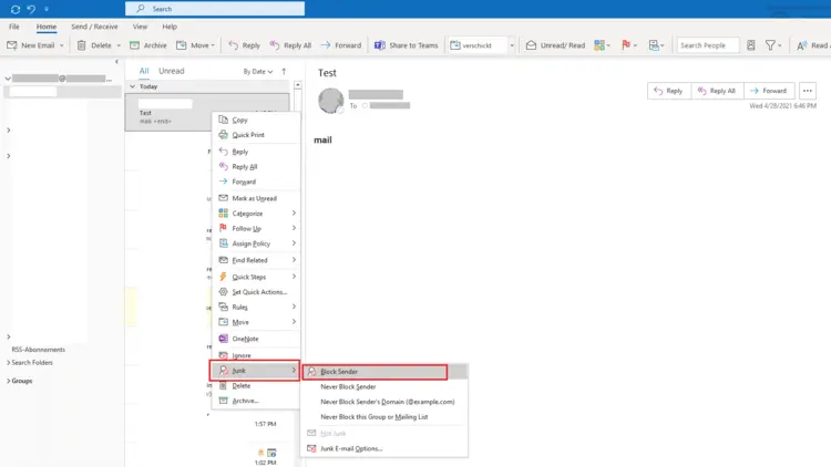Junk email menu in Outlook Junk email menu in Outlook