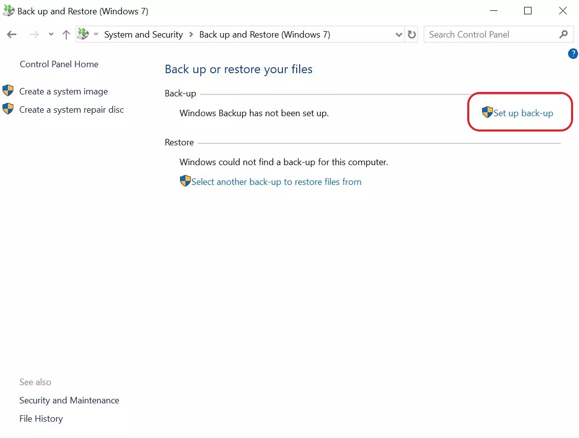 Image: “Set up back-up” link in the backup settings