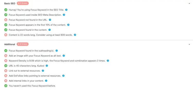 Keyword analysis in the Rank Math SEO plug-in Keyword analysis in the Rank Math SEO plug-in