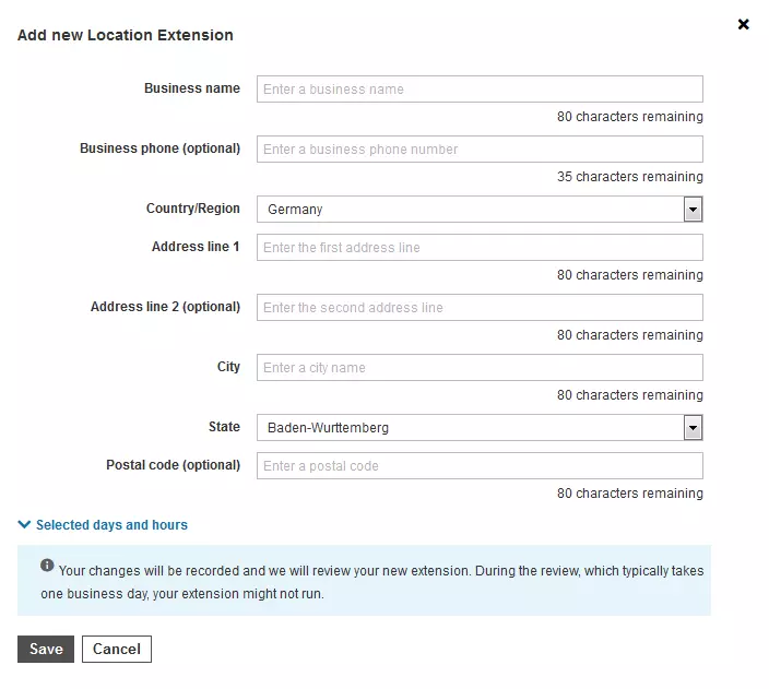 Image: Input mask for creating a location extension