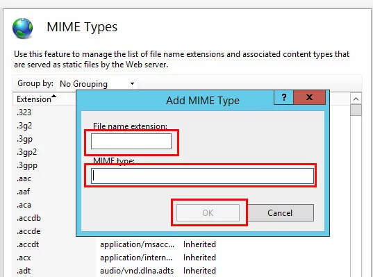 Image: IIS manager: add MIME type window