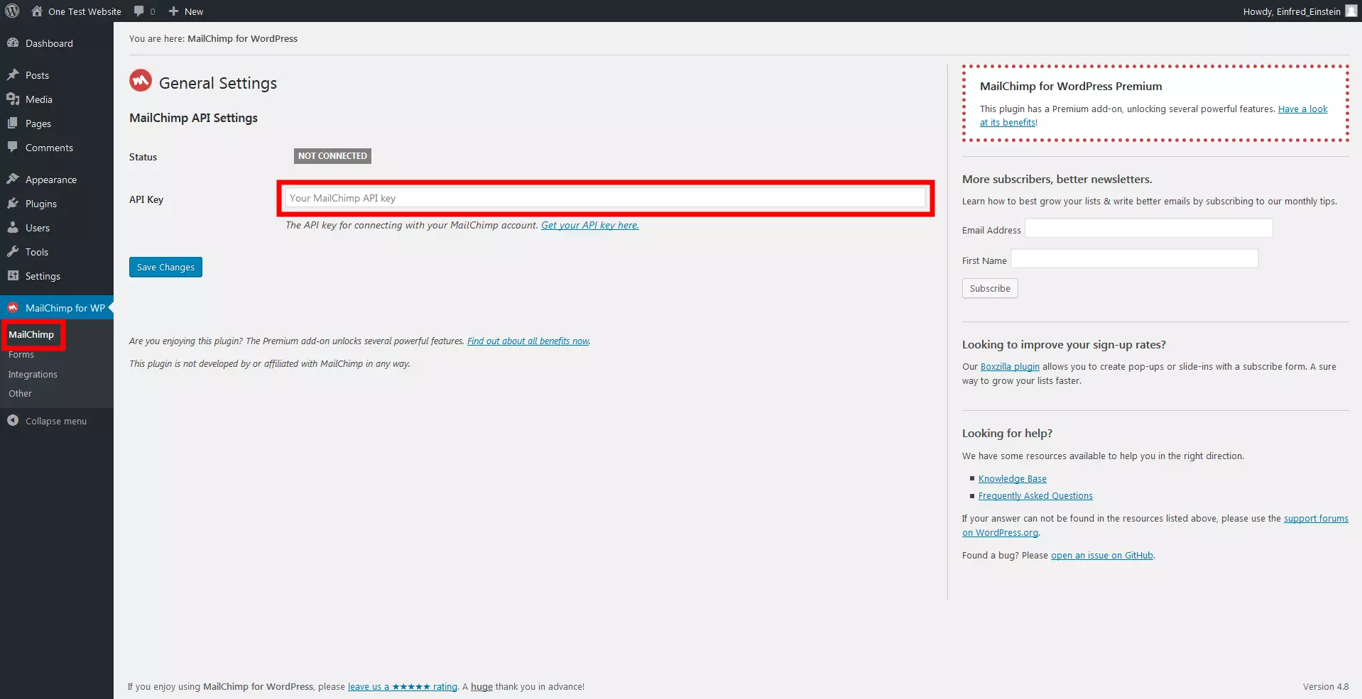 Image: The general settings of the ‘MailChimp for WordPress’ settings