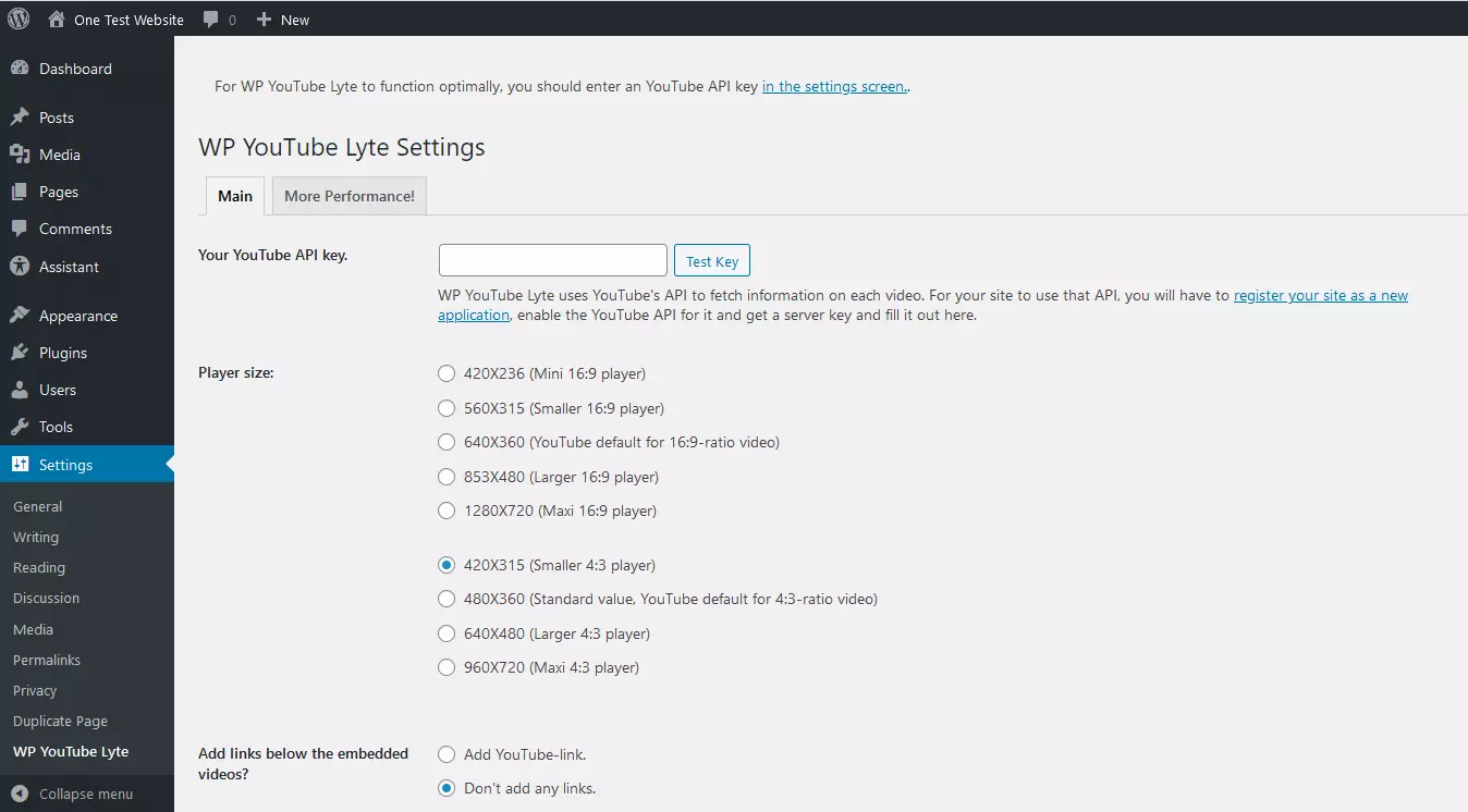 Image: WP YouTube Lyte menu in WordPress
