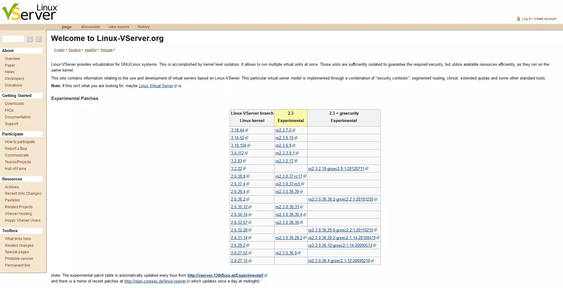 Image: Homepage of the open source project, Linux-VServer
