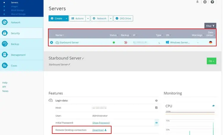 The login information in the Cloud Panel The login information in the Cloud Panel