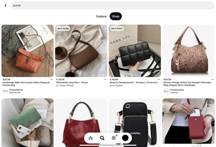 Screenshot of Pinterest app with search query “purse” Screenshot of Pinterest app with search query “purse”