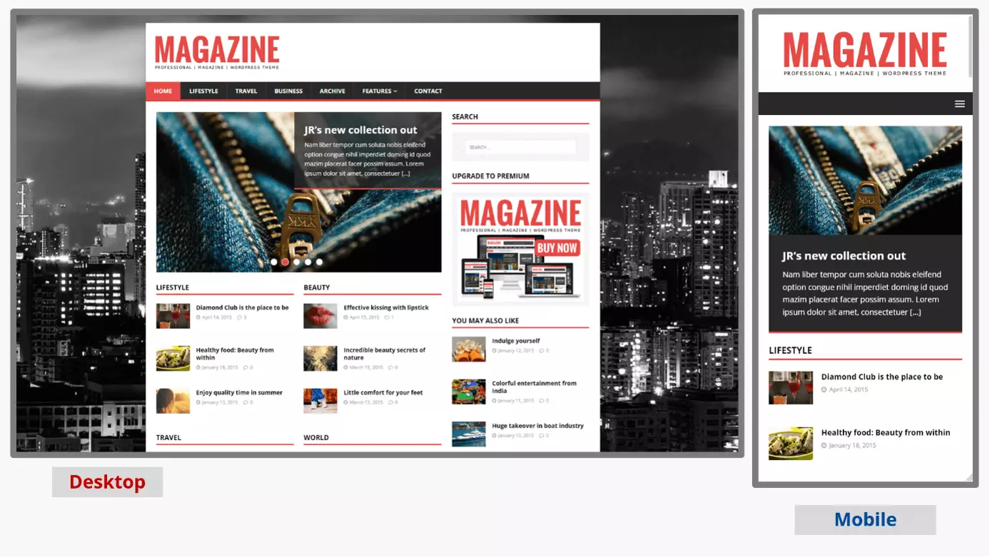 Image: Desktop and mobile screenshots of the WordPress blog theme MH Magazine lite