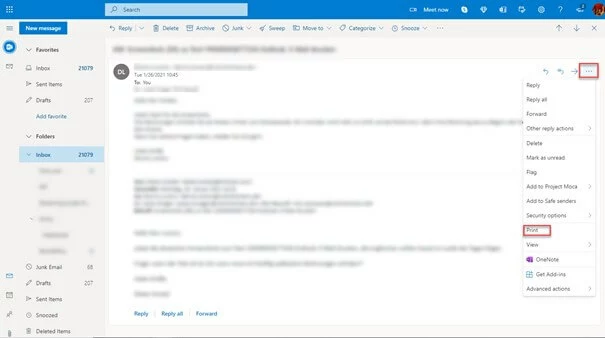 Image: Web version of Outlook with open option menu and “Print” option