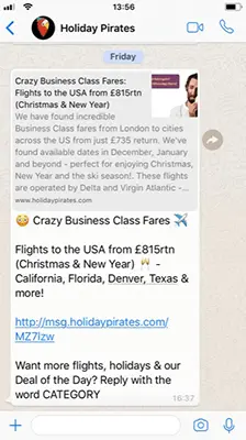 Screenshot of a WhatsApp message from Holiday Pirates Screenshot of a WhatsApp message from Holiday Pirates