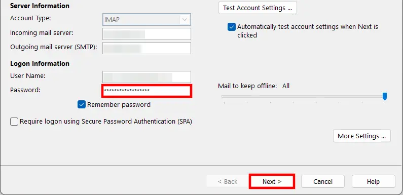 Image: Outlook 365: Server and login information