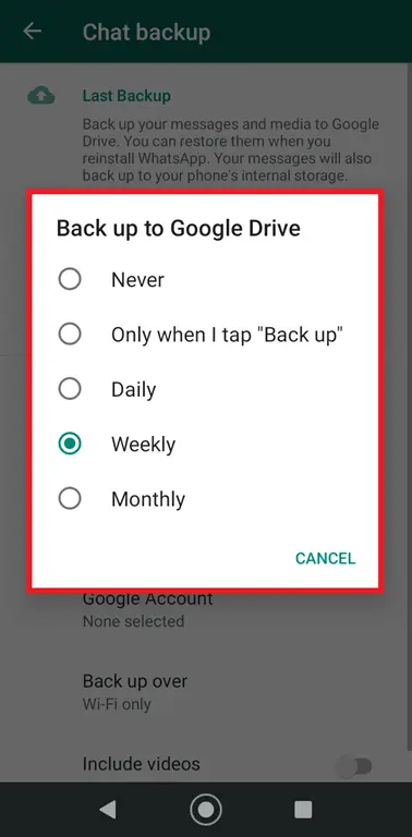 WhatsApp chat backup menu for Google Drive WhatsApp chat backup menu for Google Drive
