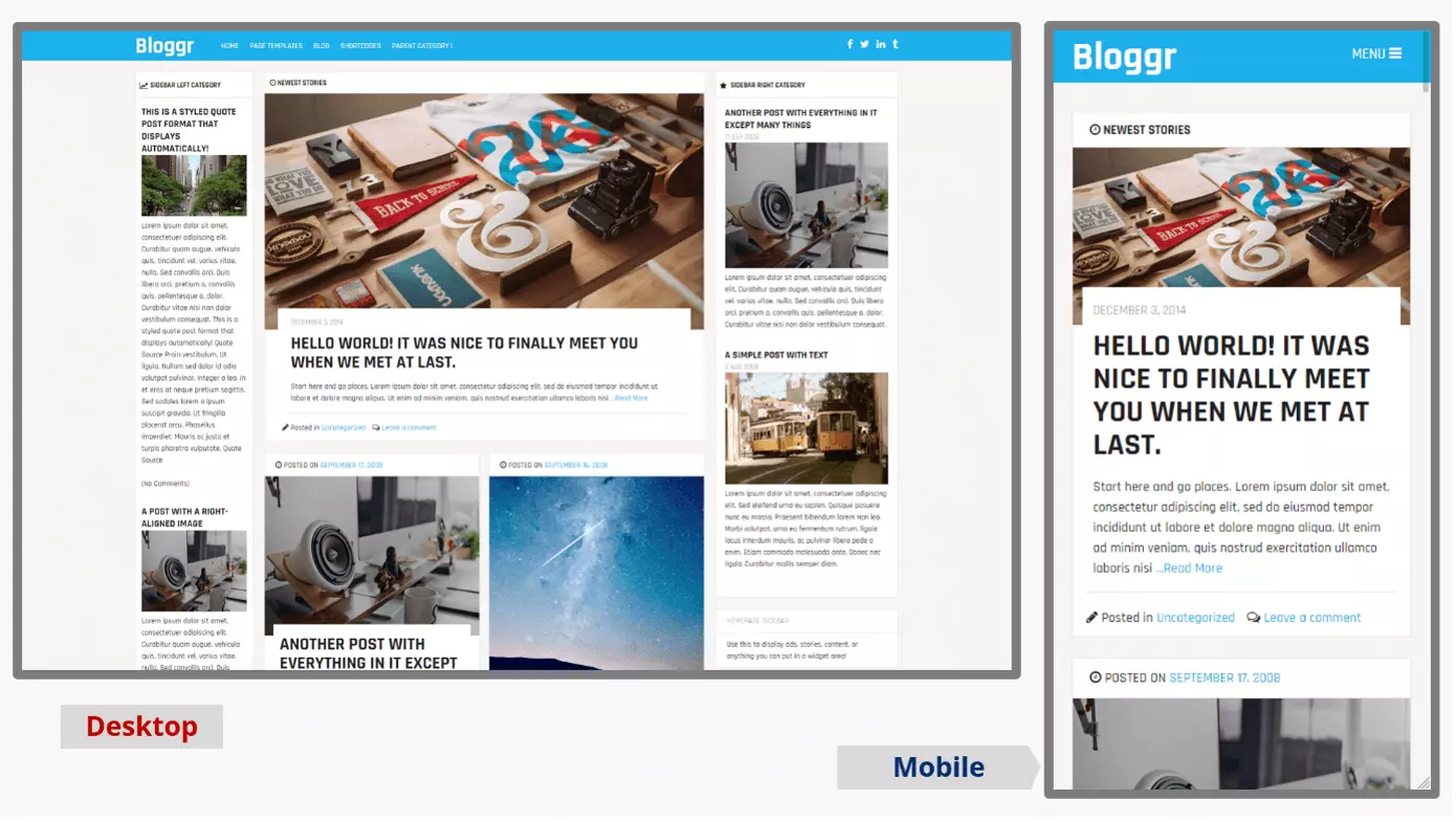 Image: Screenshot of the desktop and mobile versions of the WordPress blog theme Bloggr