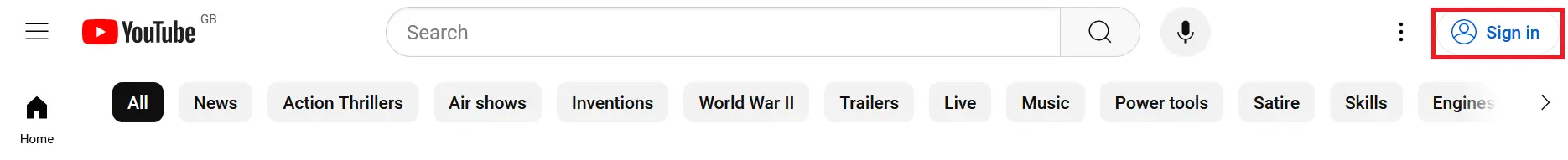 Image: YouTube website: “Sign in” button