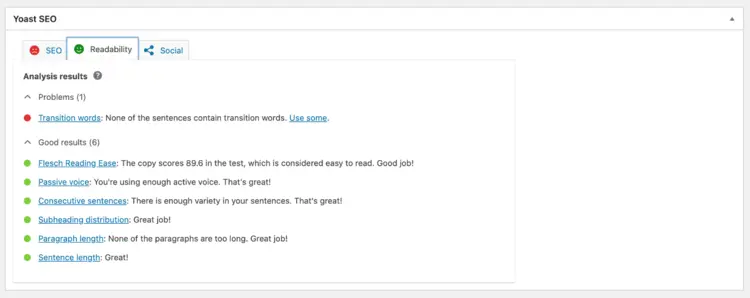 A readability analysis in the Yoast SEO plug-in A readability analysis in the Yoast SEO plug-in
