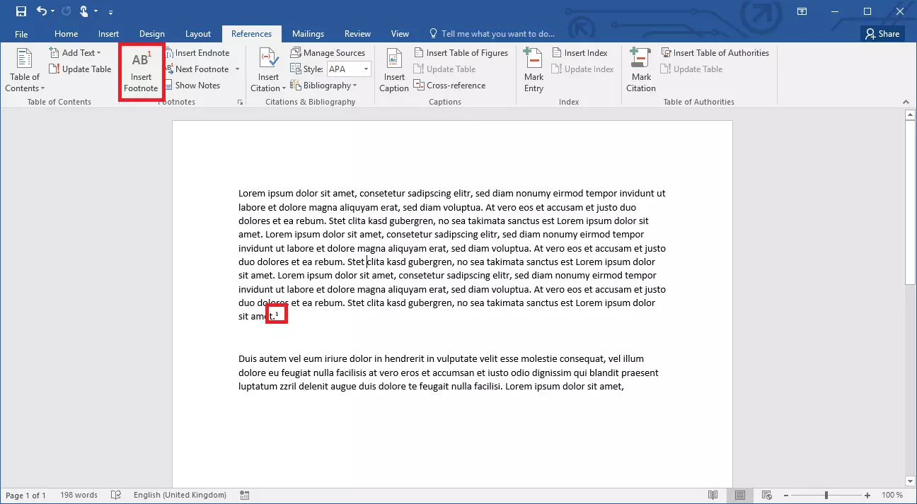 Image: Inserting a footnote in Word 2019