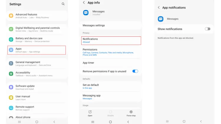 Three screenshots of app settings in Android Three screenshots of app settings in Android
