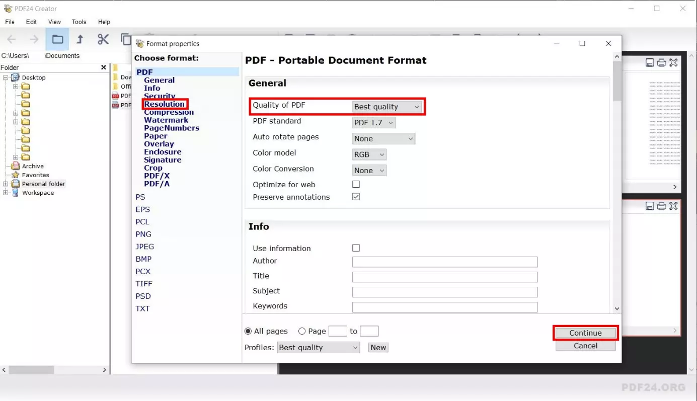 Image: Export menu of PDF24 Creator