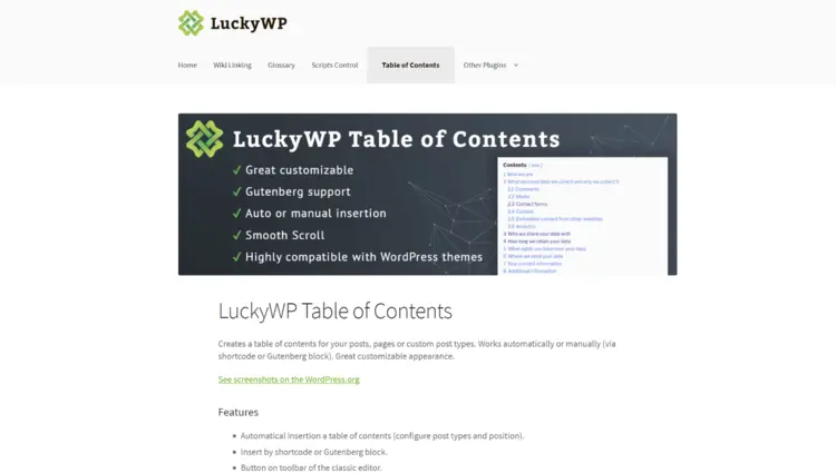 Information page of LuckyWP Table of Contents on developer website Information page of LuckyWP Table of Contents on developer website