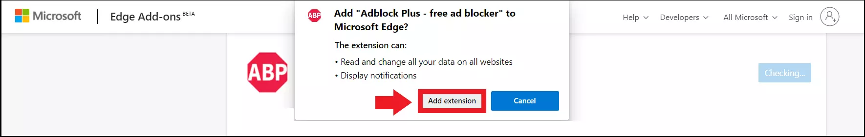 Image: Adblock Plus installation via the Edge Add ons page