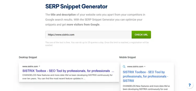 Screenshot of Sistrix Serp Snippet Generator Screenshot of Sistrix Serp Snippet Generator