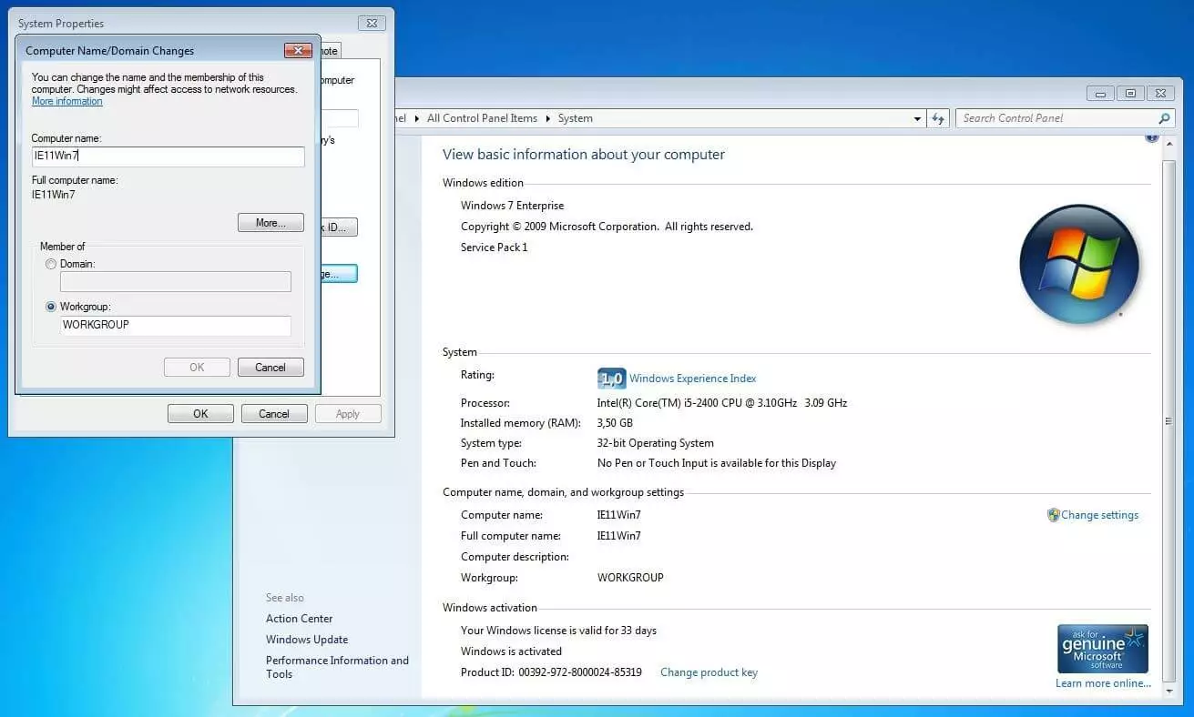 Image: Changing the hostname in Windows 7 through the “system” menu.