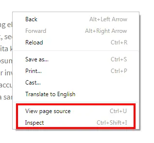 Context menu in Google Chrome browser Context menu in Google Chrome browser