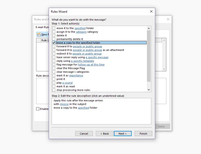 Image: Outlook Rules Wizard: Selecting an action