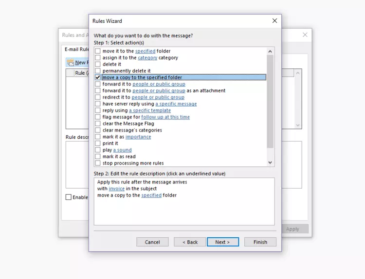 Outlook Rules Wizard: Selecting an action Outlook Rules Wizard: Selecting an action