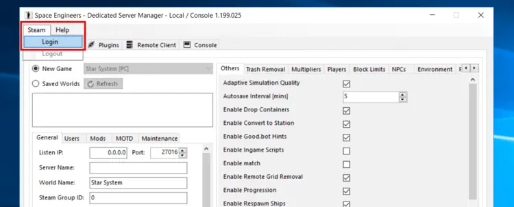 Space Engineers - Dedicated Server Manager: Steam Login Space Engineers - Dedicated Server Manager: Steam Login