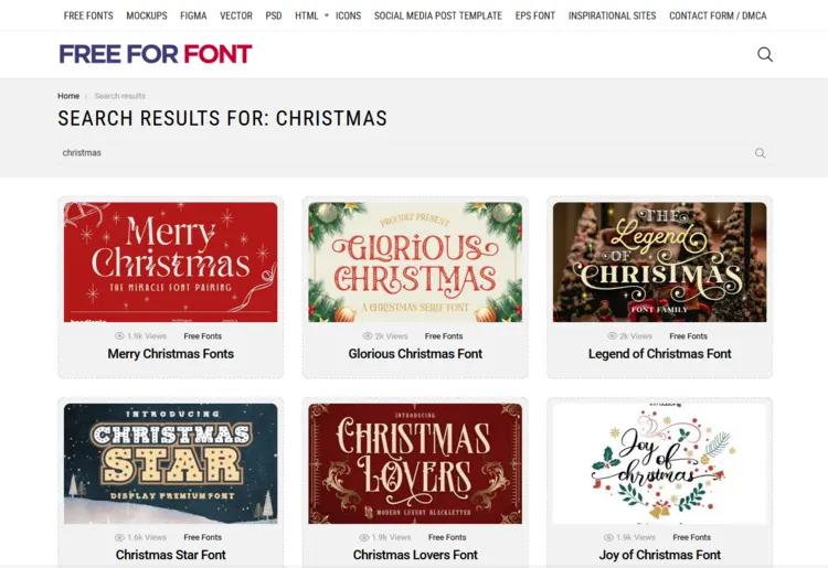 Screenshot of the search results for “Christmas” on the Free for Fonts website Screenshot of the search results for “Christmas” on the Free for Fonts website
