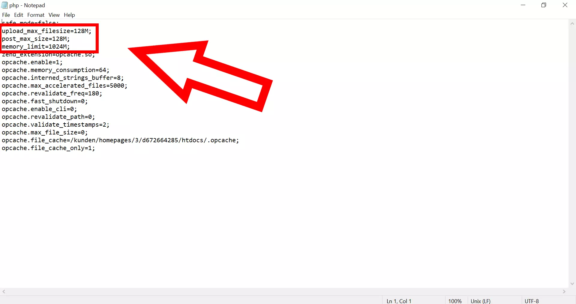 Image: Screenshot of php.ini file with selected configurations highlighted