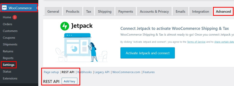 Screenshot of WooCommerce REST API menu in the backend Screenshot of WooCommerce REST API menu in the backend
