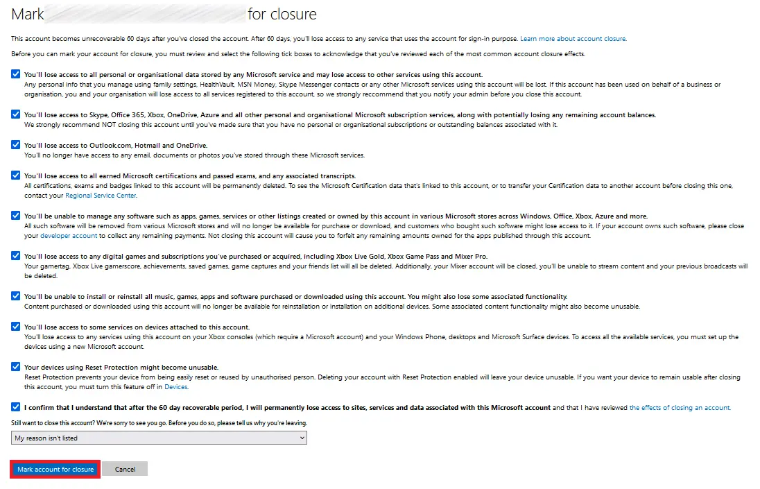 Image: Skype: Set checkmarks to confirm deletion, then click the button labeled &ldquo;Mark account for closure.&rdquo;