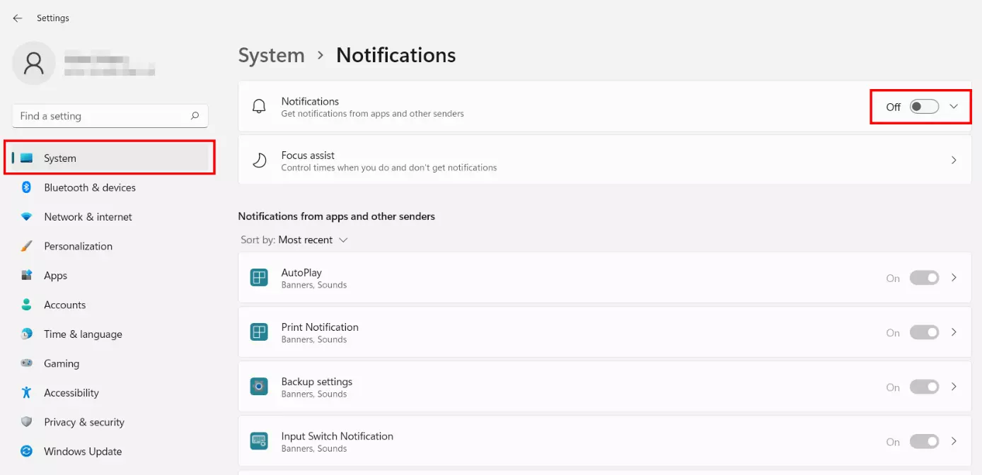 Image: Windows 11 system settings with Notifications menu