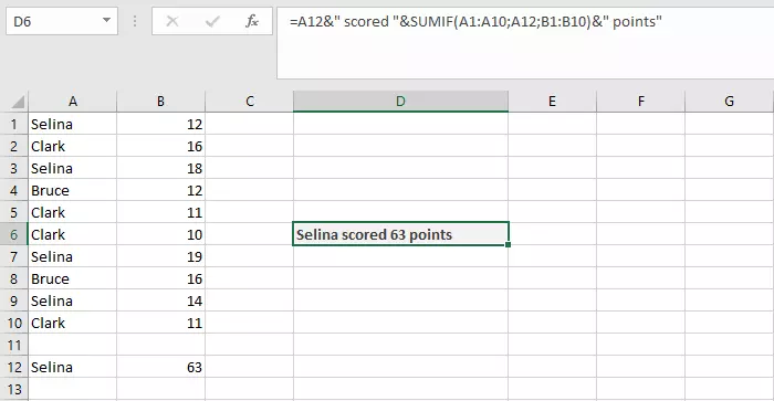 Image: Combination of CONCATENATE and SUMIF in an Excel table