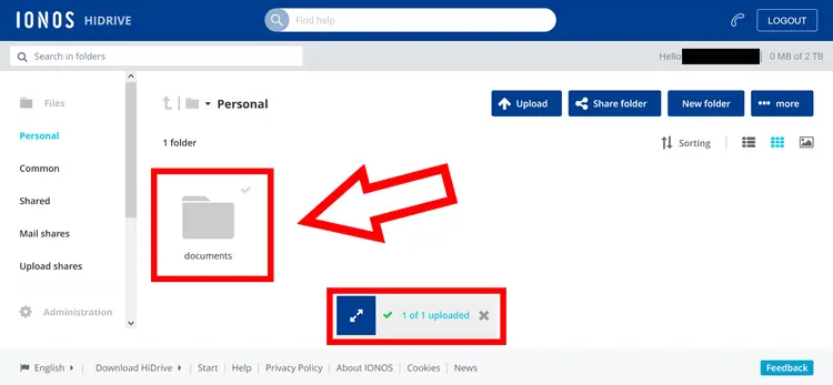 Screenshot of an uploaded folder in IONOS HiDrive Screenshot of an uploaded folder in IONOS HiDrive
