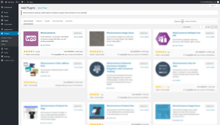 WooCommerce plugin in WordPress' selection of available plugins WooCommerce plugin in WordPress' selection of available plugins