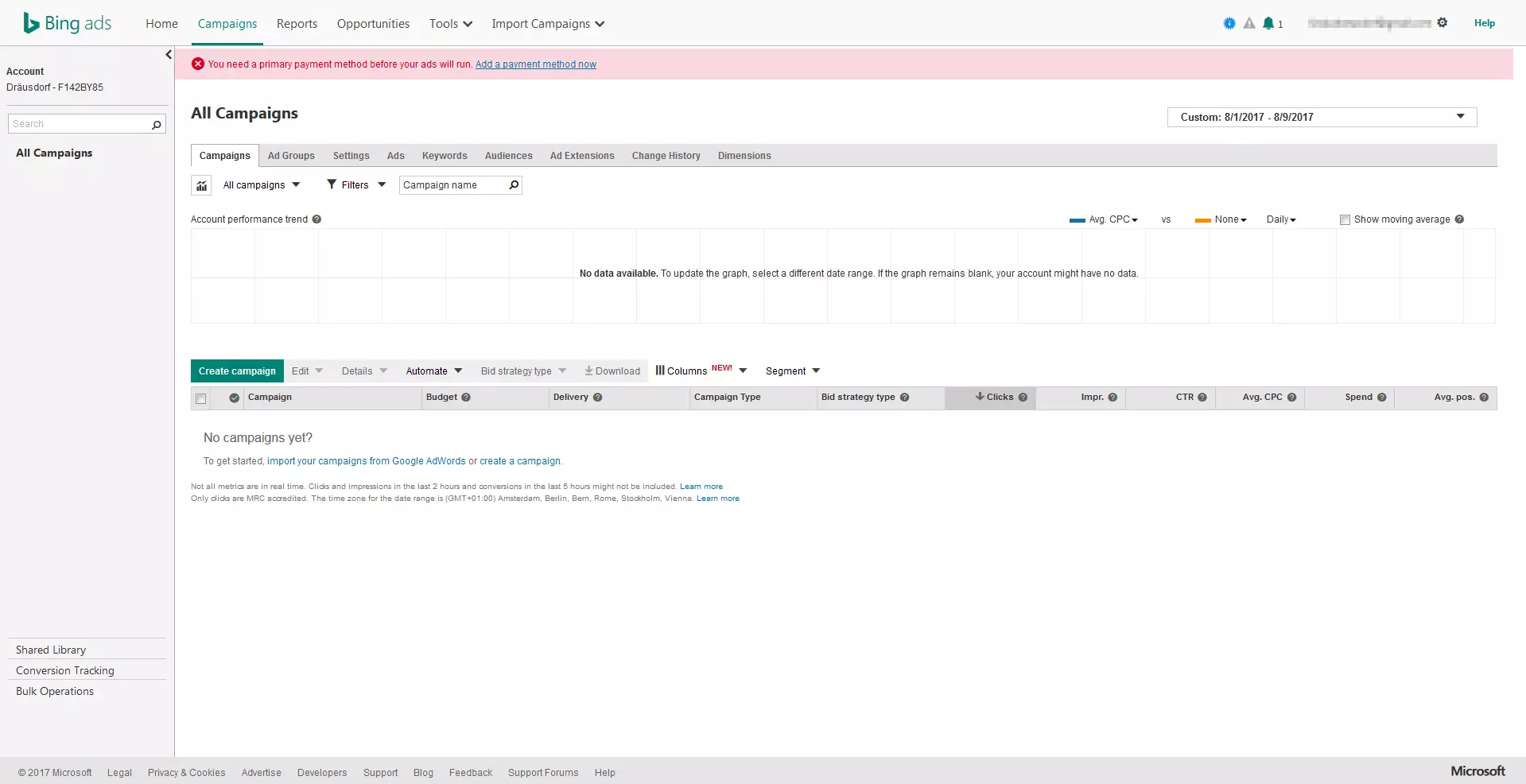 Image: Overview page of Bing ads