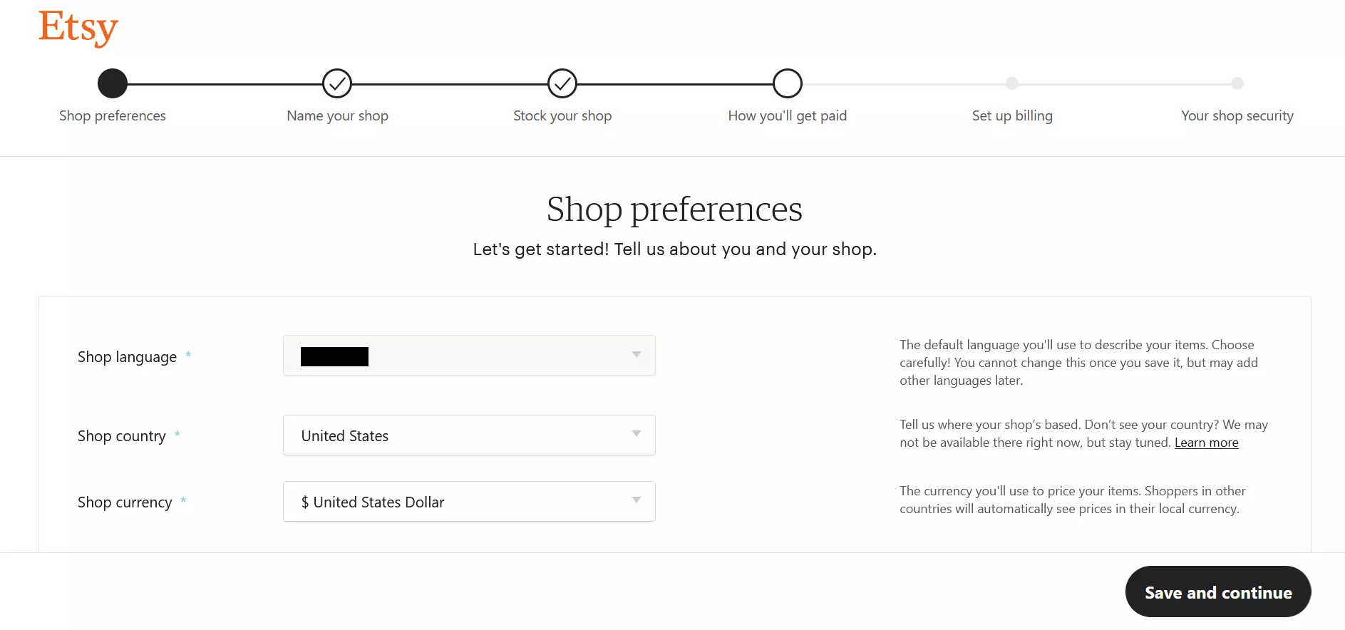 Screenshot of basic store settings of an Etsy store Screenshot of basic store settings of an Etsy store
