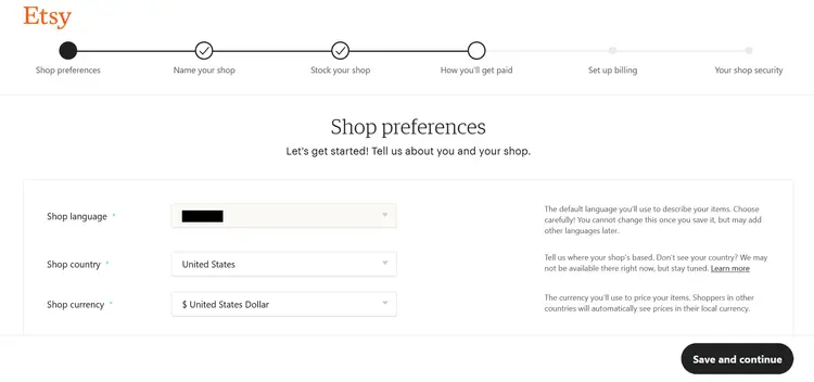 Screenshot of basic store settings of an Etsy store Screenshot of basic store settings of an Etsy store