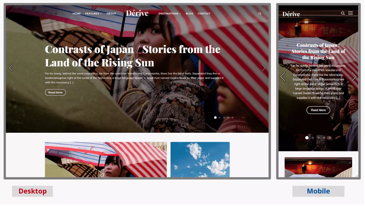 Image: Mobile and desktop screenshots of the WordPress blog theme Dérive