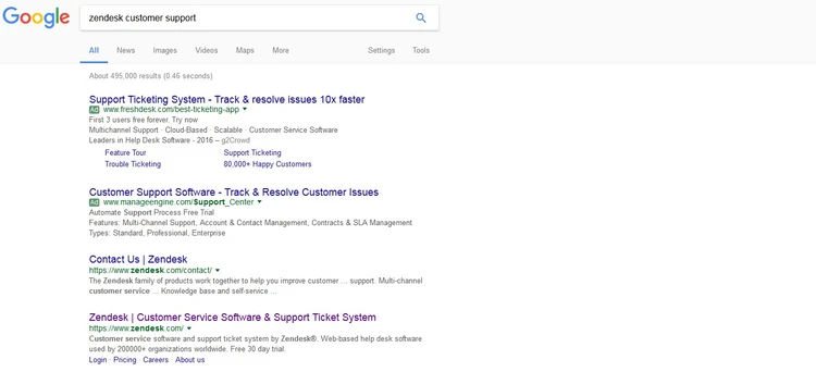 Google SERP for ‘zendesk customer support’ Google SERP for ‘zendesk customer support’