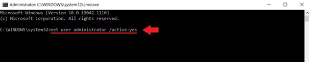 Image: Enable the administrator account by typing “net user administrator /active:yes” and pressing Enter