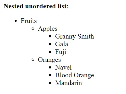 Example of a nested unordered HTML list Image: Example of a nested unordered HTML list