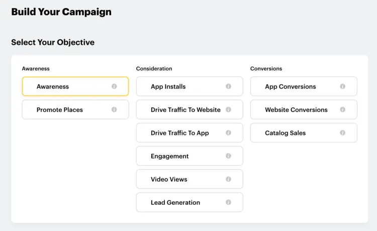 Screenshot of the “Build Your Campaign” page in the Ads Manager Screenshot of the “Build Your Campaign” page in the Ads Manager