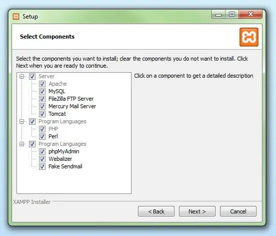 Dialog window for selecting software components Dialog window for selecting software components