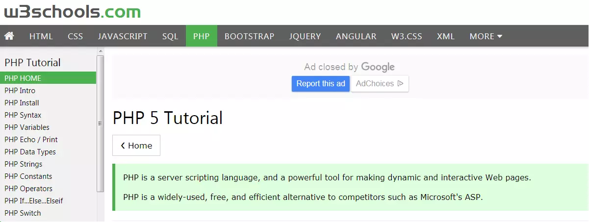 Image: Screenshot of the Website “https://www.w3schools.com/php/default.asp” with the Home category