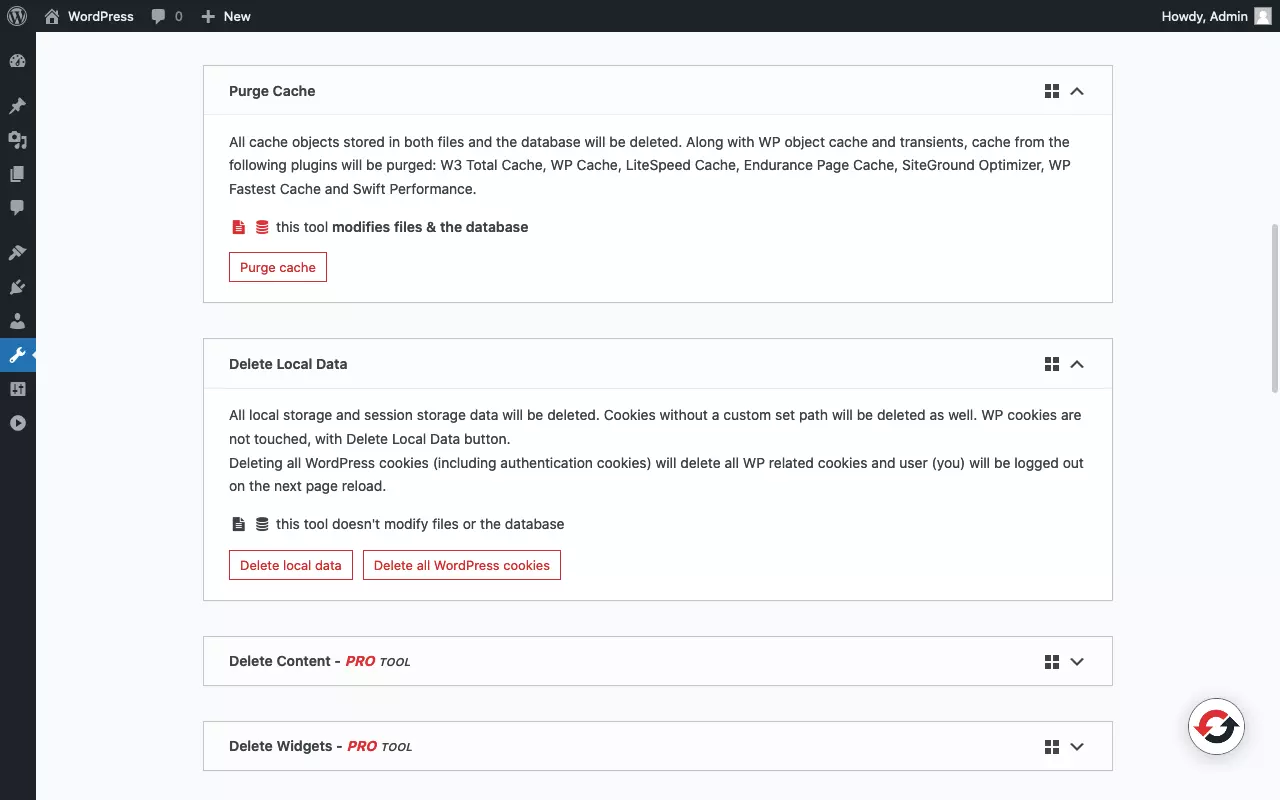 Image: Screenshot of the tools page of the “WP Reset” plugin (1/3)